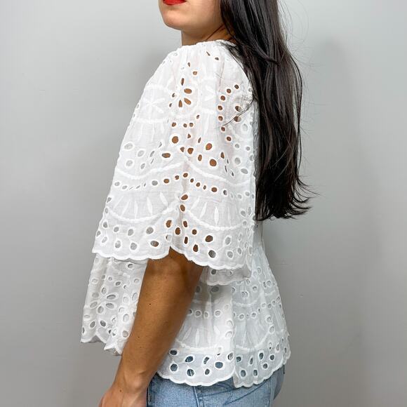 Love Wednesday White Eyelet Tie Front Flutter Sleeve Blouse - Picture 3 of 7
